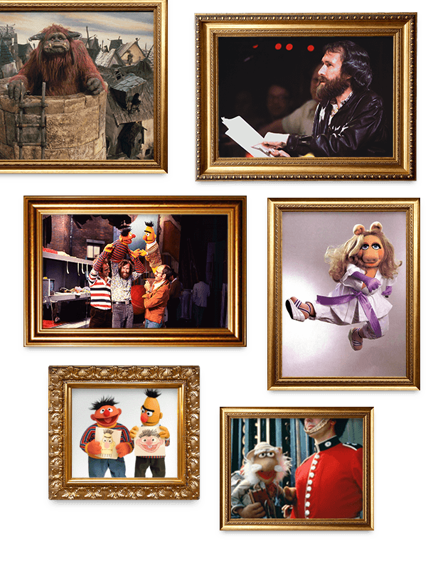 collection of randomly placed gold picture frames with images of Jim Henson and puppets
